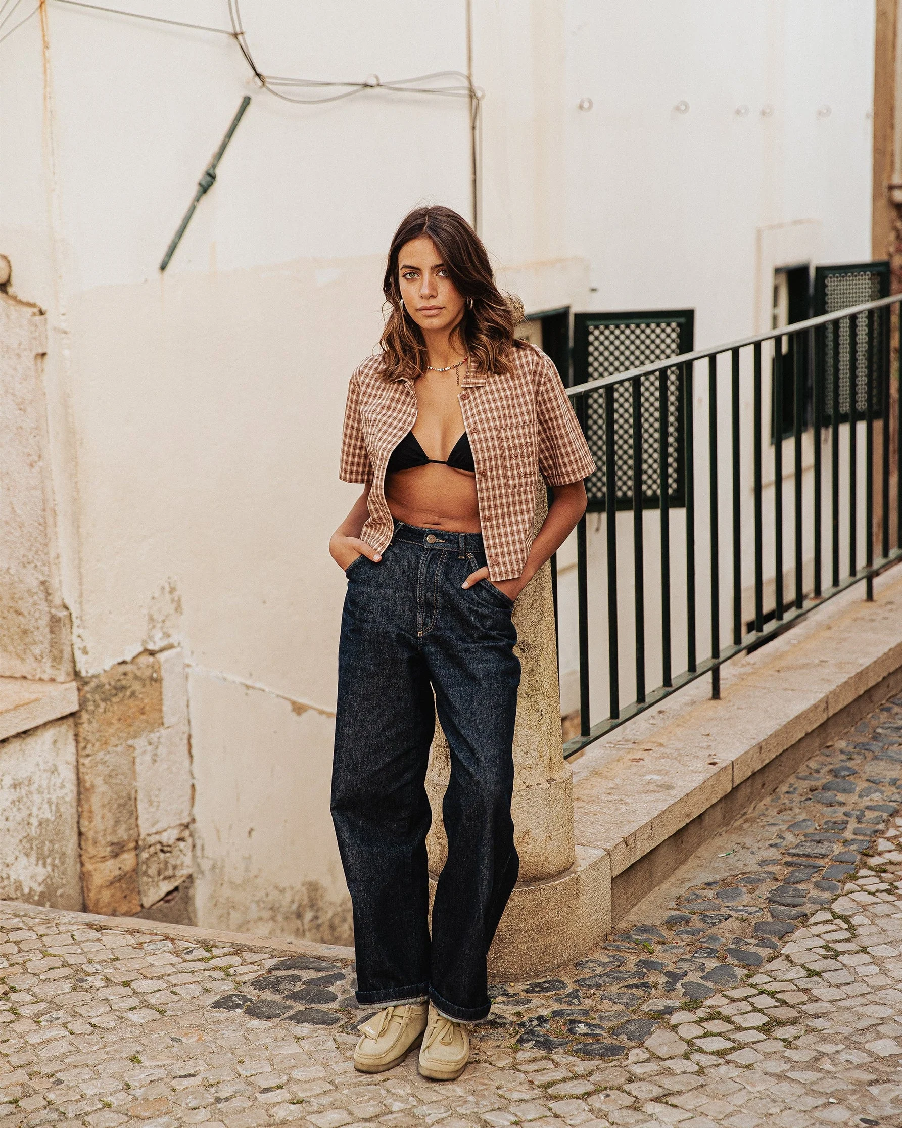 Françoise Cropped Shirt - Taupe Plaid - Image 3