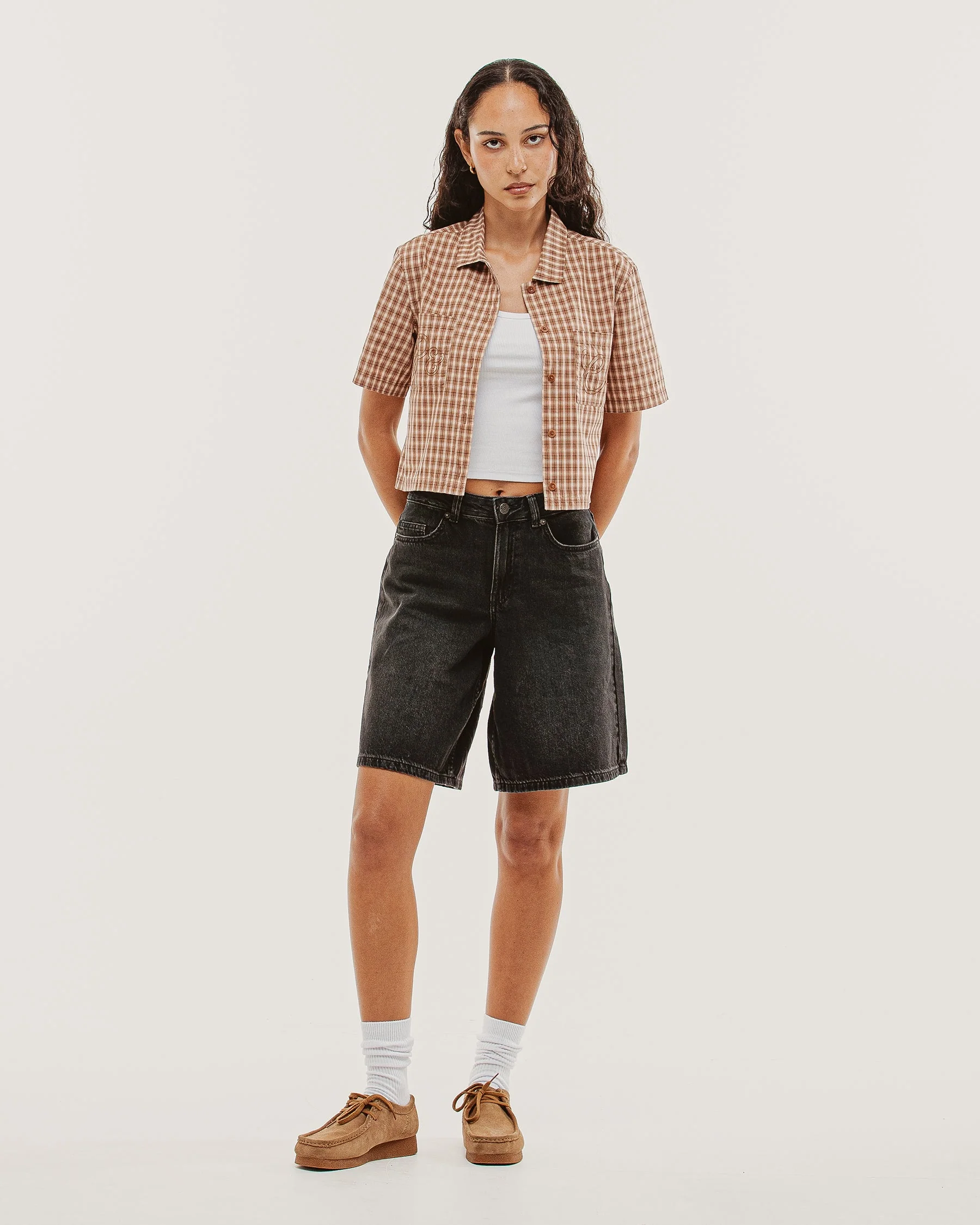 Françoise Cropped Shirt - Taupe Plaid - Image 8