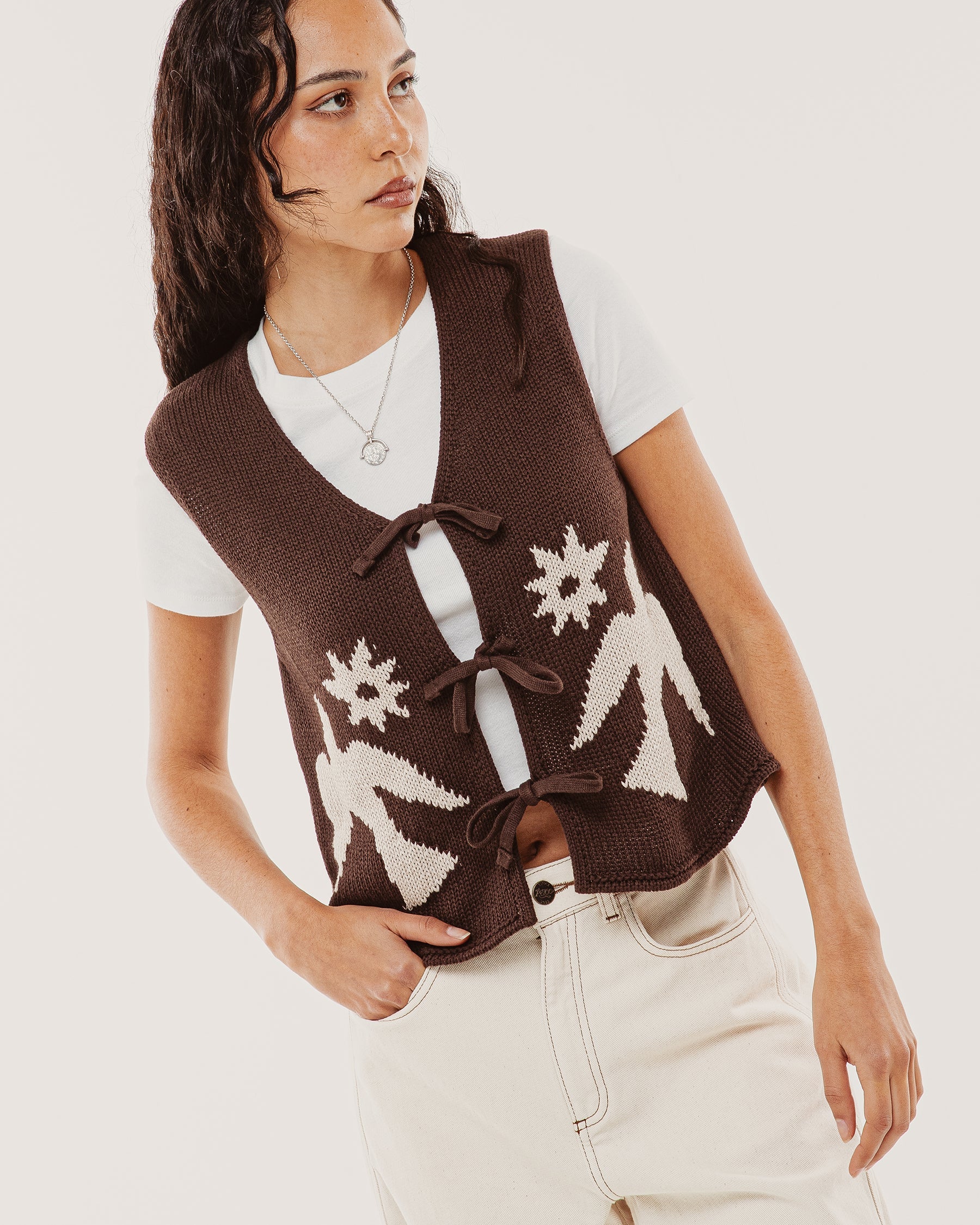 Joni Bow-Tie Knitted Vest - Brown - Image 7