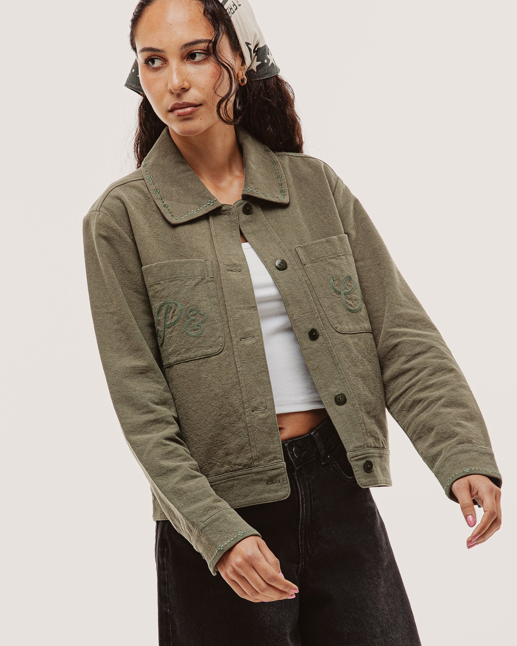 Olivia Embroidered Chore Jacket - Khaki - Image 10