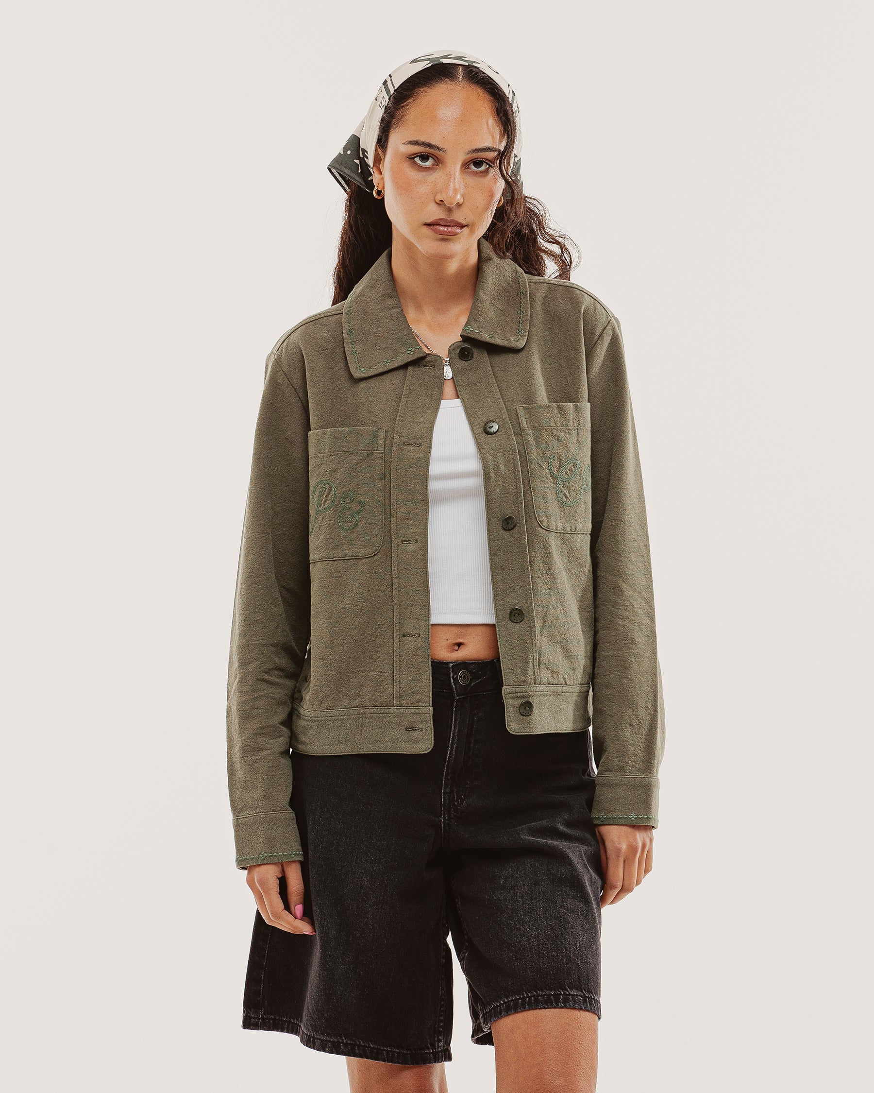Olivia Embroidered Chore Jacket - Khaki - Image 11
