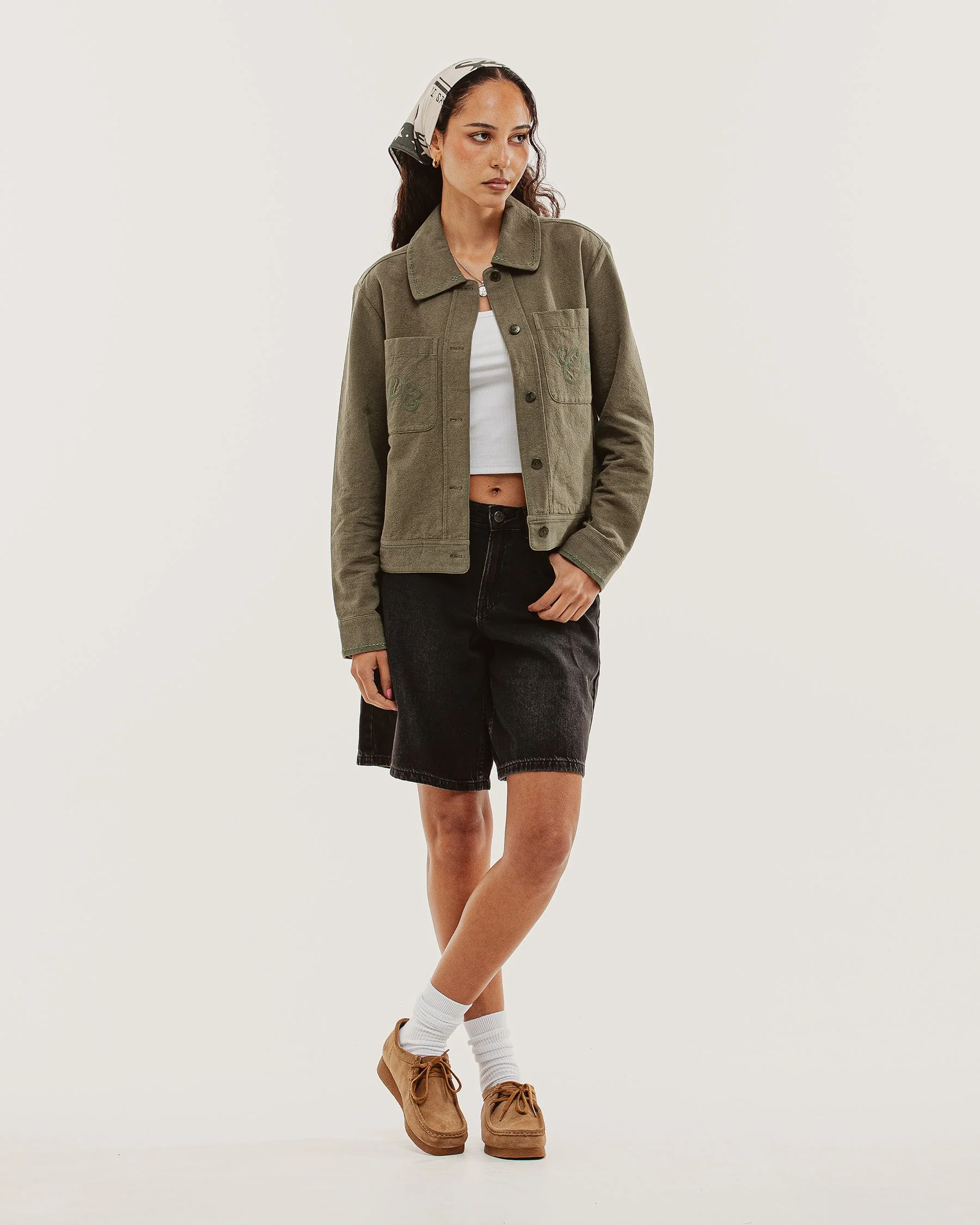 Olivia Embroidered Chore Jacket - Khaki - Image 3