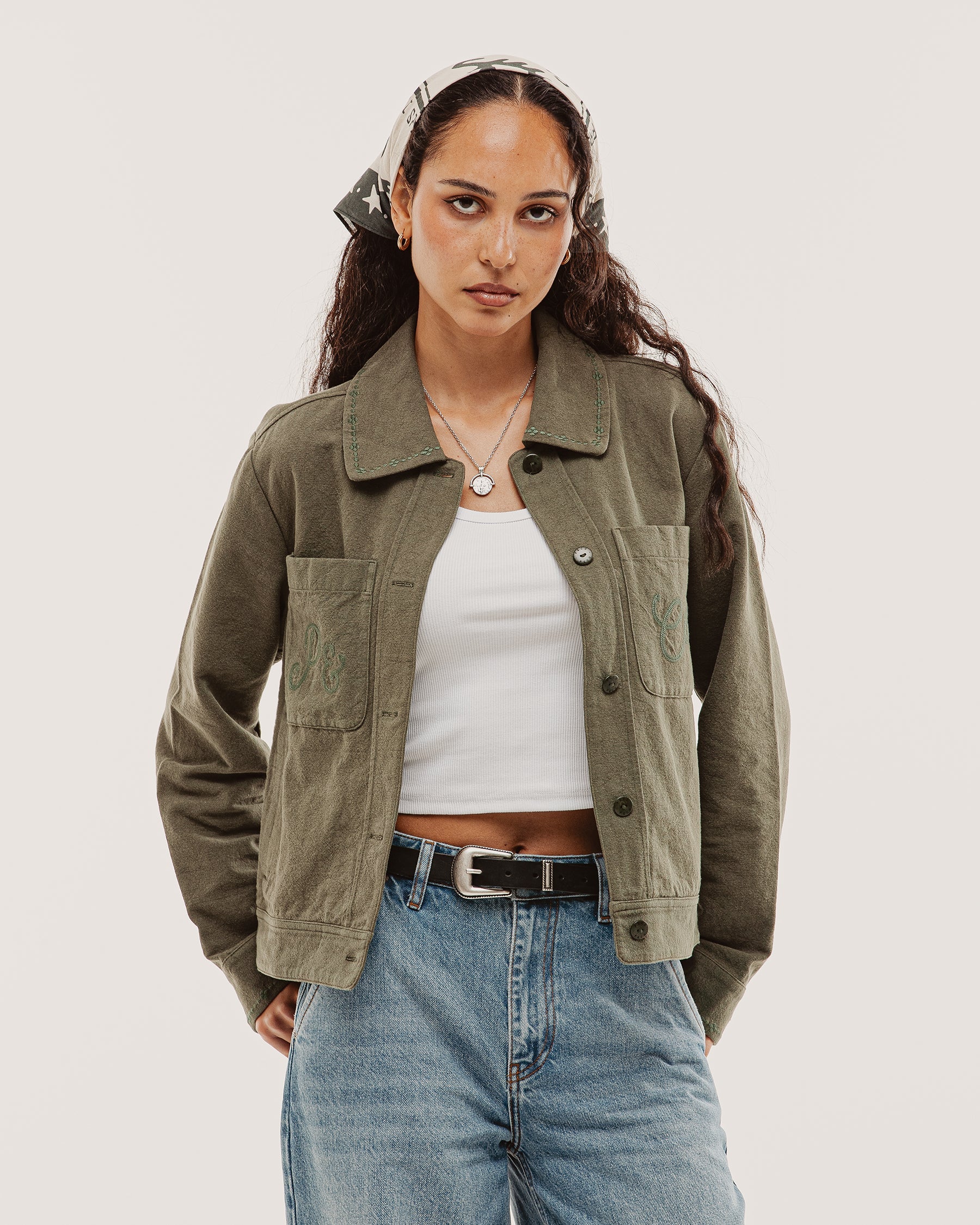 Olivia Embroidered Chore Jacket - Khaki - Image 6