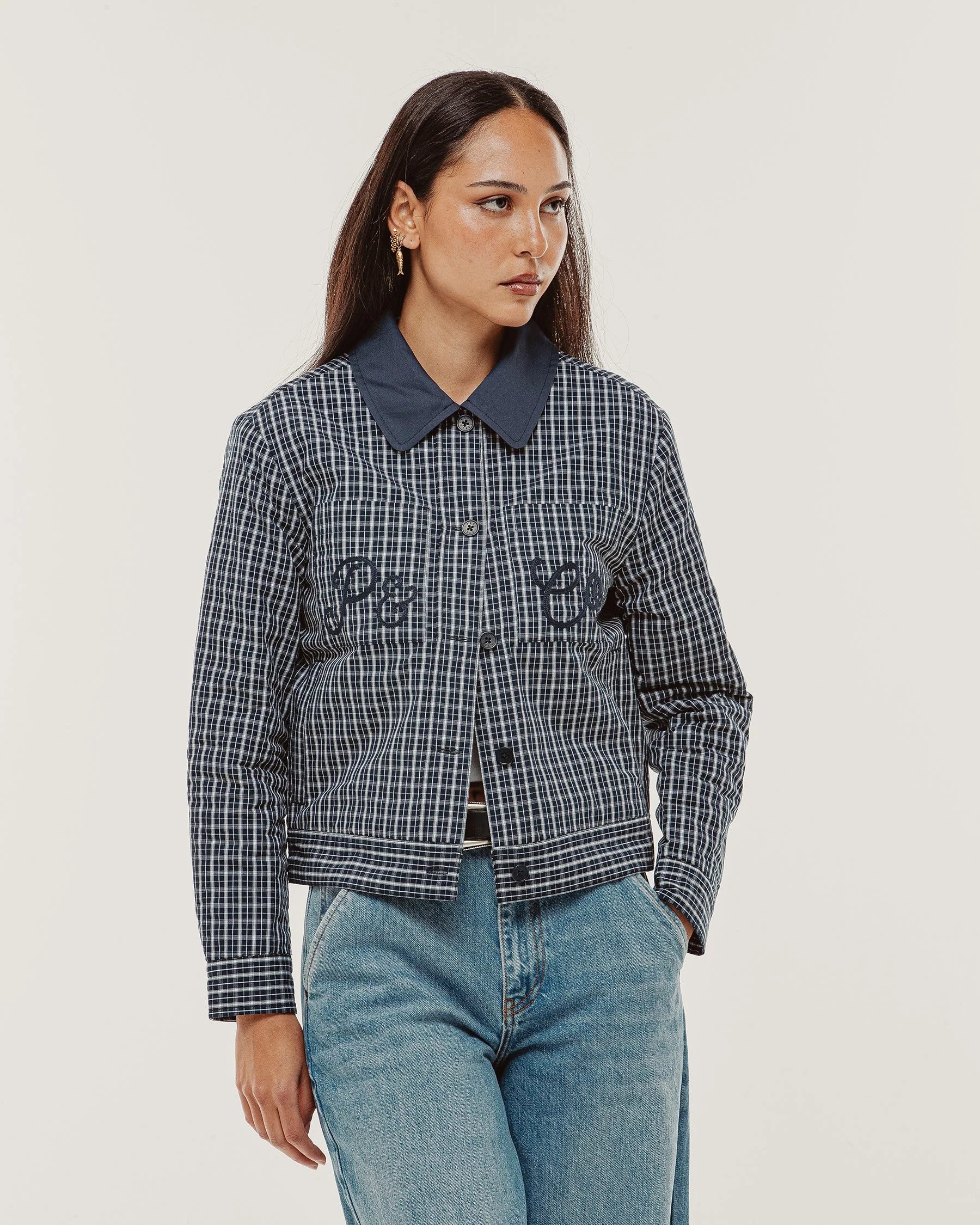 Olivia Quilted Jacket - Navy Plaid - Image 9