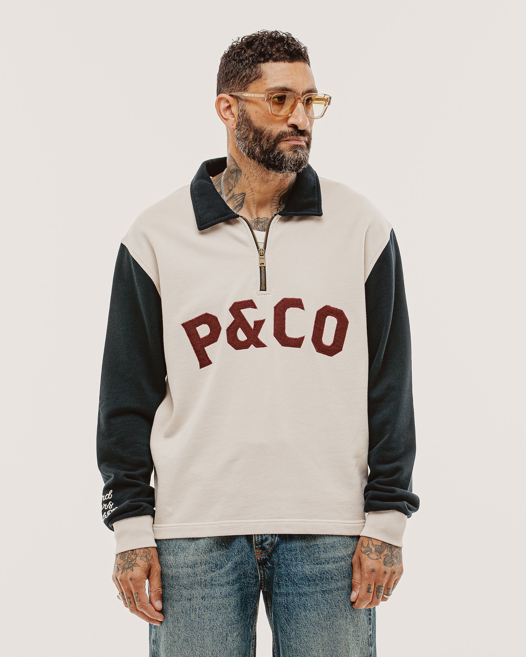 Track 1/4 Zip Jersey - Ecru & Navy - Image 2